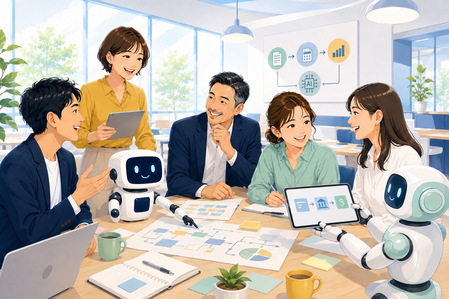 笑顔の5人の財務チームと2体のAIロボットが、資料の分析や資金計画を一緒に進める明るいイラスト